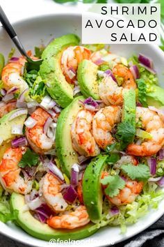 shrimp avocado salad in a white bowl