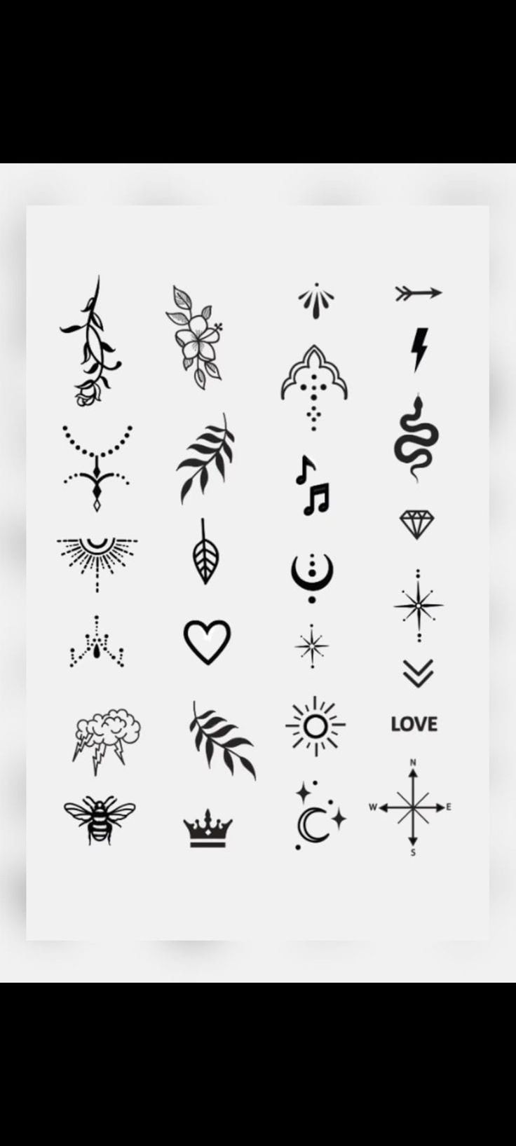 an assortment of tattoos on a sheet of paper with the word love written in it