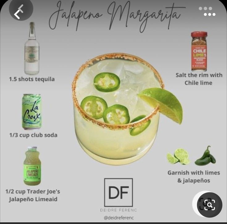 the ingredients for jalapeno margarita are shown in this graphic above it's description