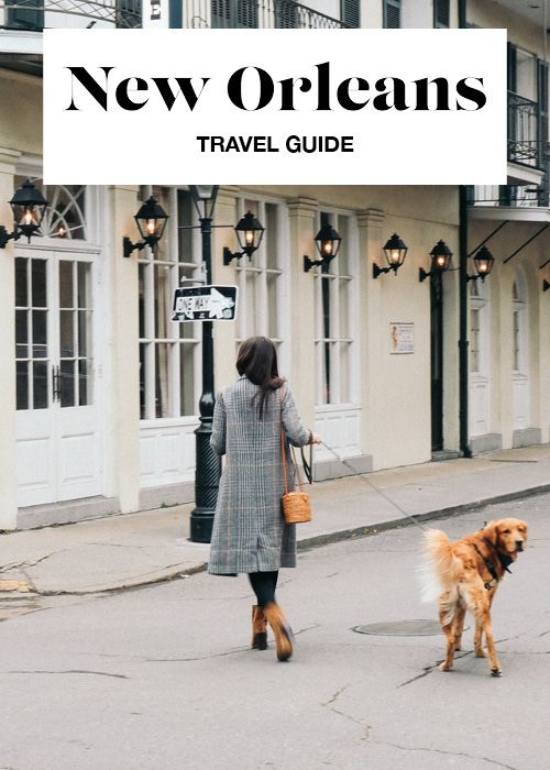 a woman walking her dog down the street in new orleans, with text overlay that reads travel guide