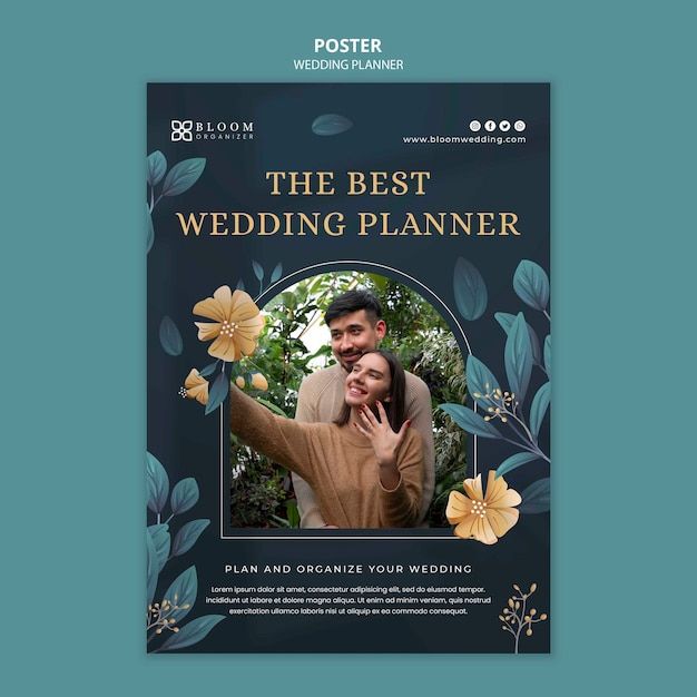 the best wedding planner flyer is shown on a blue background with yellow flowers and leaves