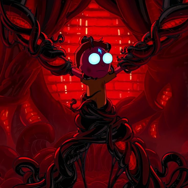 a cartoon character with blue eyes standing in front of a red curtain