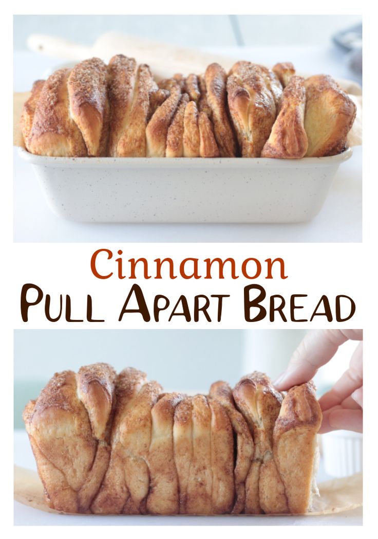 cinnamon pull apart bread in a white dish