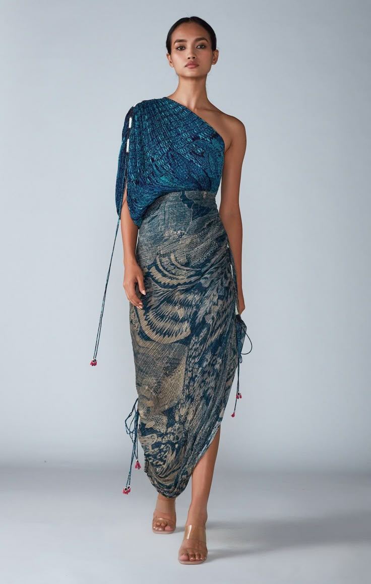 Saaksha & Kinni-Blue Abstract Pleated Saree Dress-INDIASPOPUP.COM Lilith In Leo Outfits, Indian Fashion 2024, Lilith Leo, Cocktail Dress Indian Wedding, Soft Dramatic Style, Cocktail Outfits For Women, Indian Cocktail Dress, Pleated Saree, Cocktail Summer