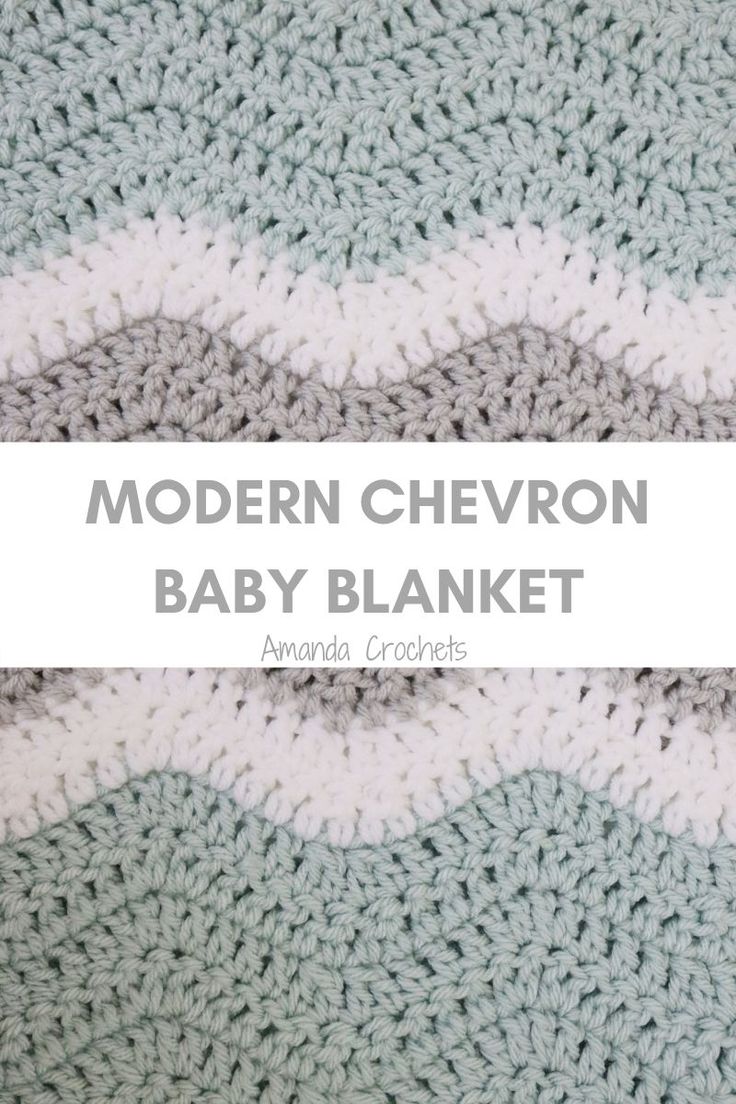 the modern chevron baby blanket is knitted in shades of blue, grey and white