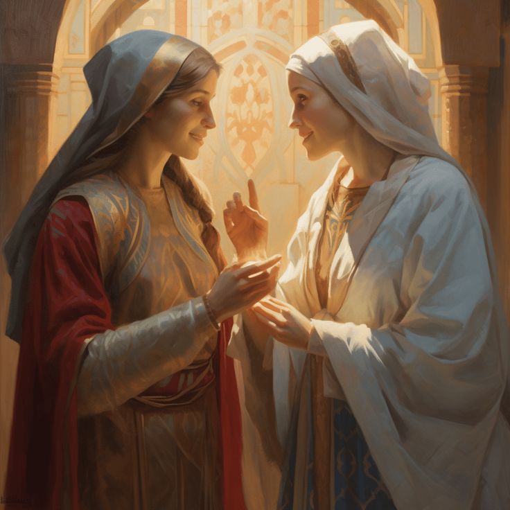 two women dressed in medieval clothing standing next to each other with their hands clasped together