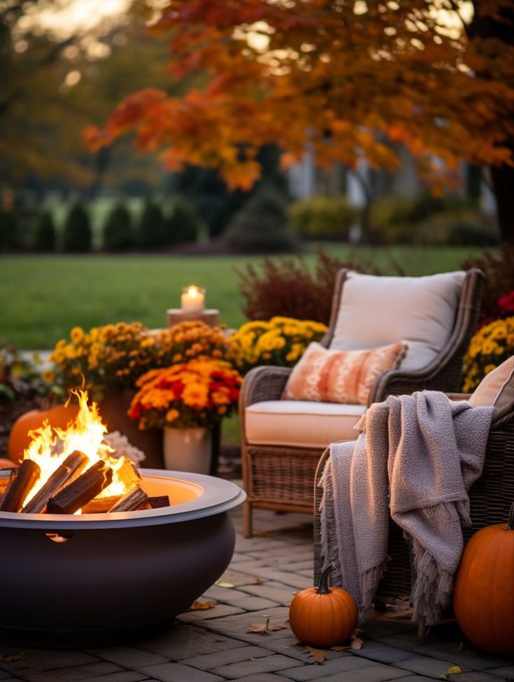 a fire pit sitting on top of a brick patio next to chairs and pumpkins