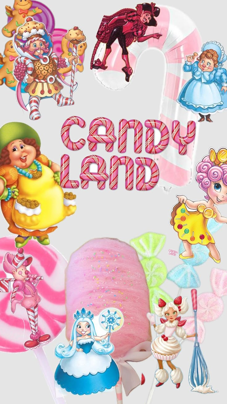 the candy land poster is shown with many different candies and other items in it