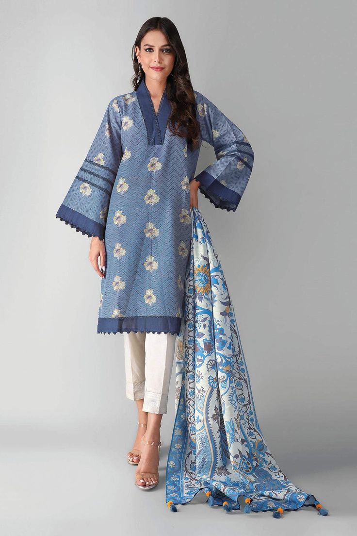 Khaadi Llk21405 Blue Winter 2021 Winter Shirts Designs Pakistani, Khaddar Shirt Design, Shirts Designs Pakistani, Gharara Designs, Best Designer Suits, Pakistani Fashion Casual, Trendy Shirt Designs, Desi Fashion Casual, Sleeves Designs For Dresses