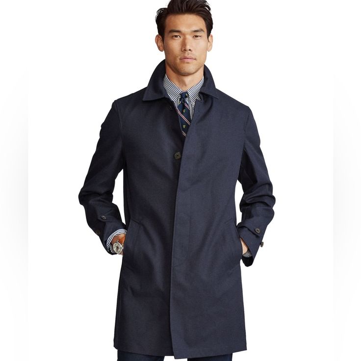 Polo Ralph Lauren Gabardine Trench Coat In Navy Size Xxl Nwt Made From Durable, Smooth Cotton Gabardine, Polo Ralph Lauren's Topcoat Is The Perfect Transitional Layer For Morning Commutes, Weekend Errands, And Everything In Between. Point Collar Buttoned Throat Latch Concealed Buttoned Placket Long Sleeves With Adjustable Buttoned Tabs At The Cuffs Ventilating Metal Grommets At The Underarms Two Front Waist Welt Pockets Two Interior Chest Pockets Single Vent With A Concealed Buttoned Closure Ful Blue Double-breasted Outerwear With Welt Pockets, Blue Spread Collar Outerwear For Fall, Blue Outerwear With Spread Collar For Fall, Spring Fitted Pea Coat In Gabardine, Classic Cotton Outerwear With Double Button Closure, Long Cotton Coat With Hidden Button Closure, Cotton Long Coat With Hidden Buttons, Classic Navy Pea Coat For Workwear, Classic Navy Pea Coat For Work