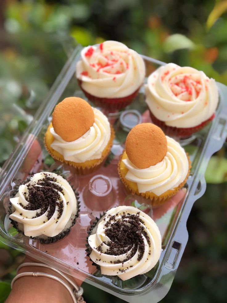 cupcakes with white frosting and red sprinkles in a plastic container