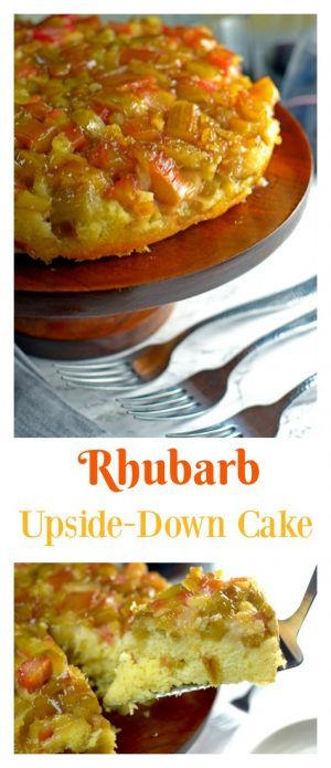 a close up of a cake on a plate with the words rhubar upside down cake