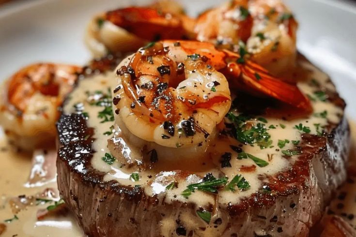 a white plate topped with steak covered in sauce and shrimp on top of mashed potatoes