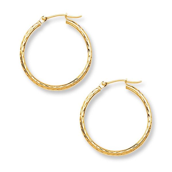 A chic update on a classic style, these 14K yellow gold hoop earrings for her feature a pretty textured pattern. The earrings secure with hinged backs. Yellow Gold Hinged Hoop Earrings For Everyday, Everyday Yellow Gold Hinged Hoop Earrings, Textured Yellow Gold Round Hoop Earrings, Textured Yellow Gold Hoop Earrings, Jewelry Education, Jewelry Advice, Accessories Jewelry Earrings, Gold Hoops, Gold Hoop