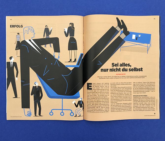 an open magazine with a man laying on his back in a chair and people standing around him