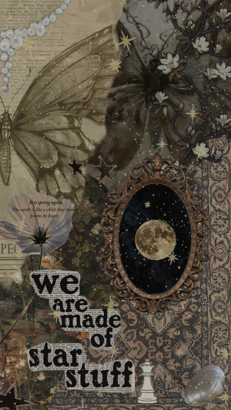 an altered collage with words and pictures on it, including a butterfly flying over the moon