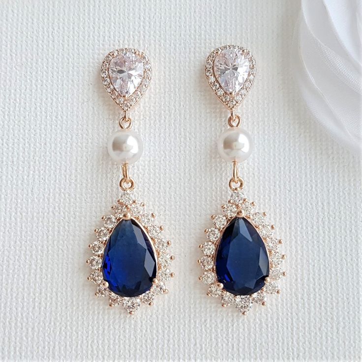 Blue Drop Earrings-Aoi - PoetryDesigns Lady Aphrodite, Rose Gold Drop Earrings, Style Bleu, Blue Drop Earrings, Rare Jewelry, Infp Personality, Prom 2024, Blue Crystal Earrings, Blue Themed Wedding