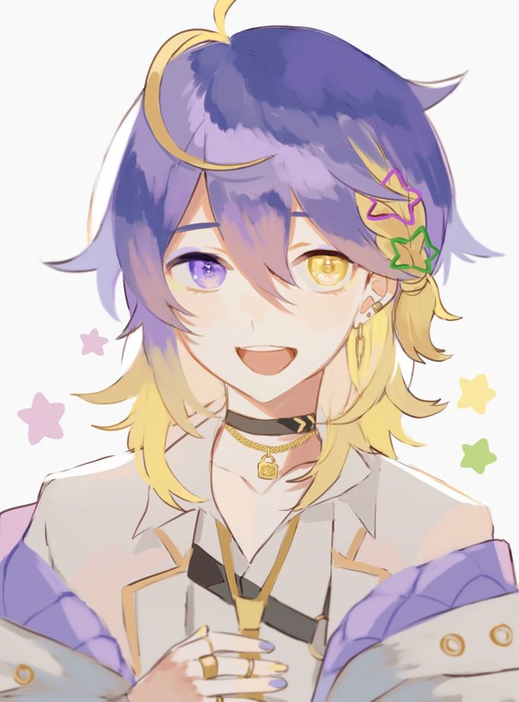 an anime character with purple hair and gold jewelry