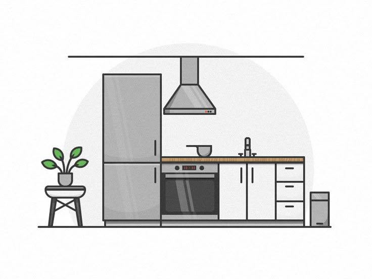 a kitchen with an oven, sink and counter top next to a plant in a pot