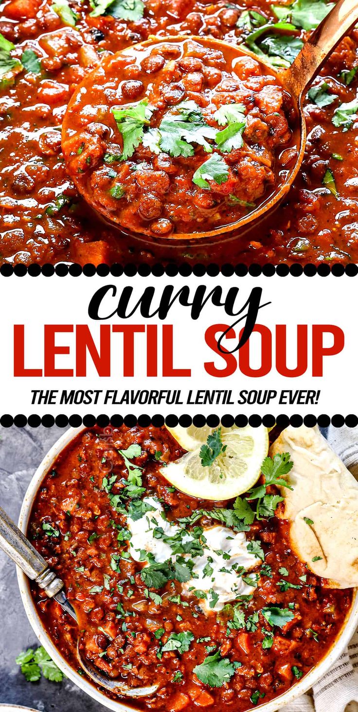 a bowl filled with lentil soup and topped with cilantro