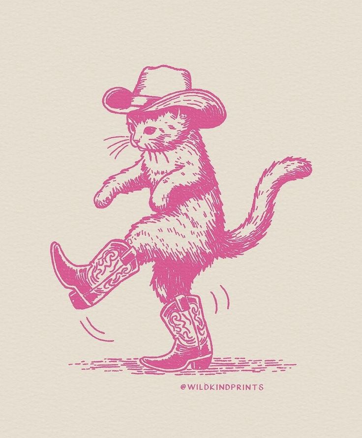 a drawing of a cat with a cowboy hat and boots on it's feet