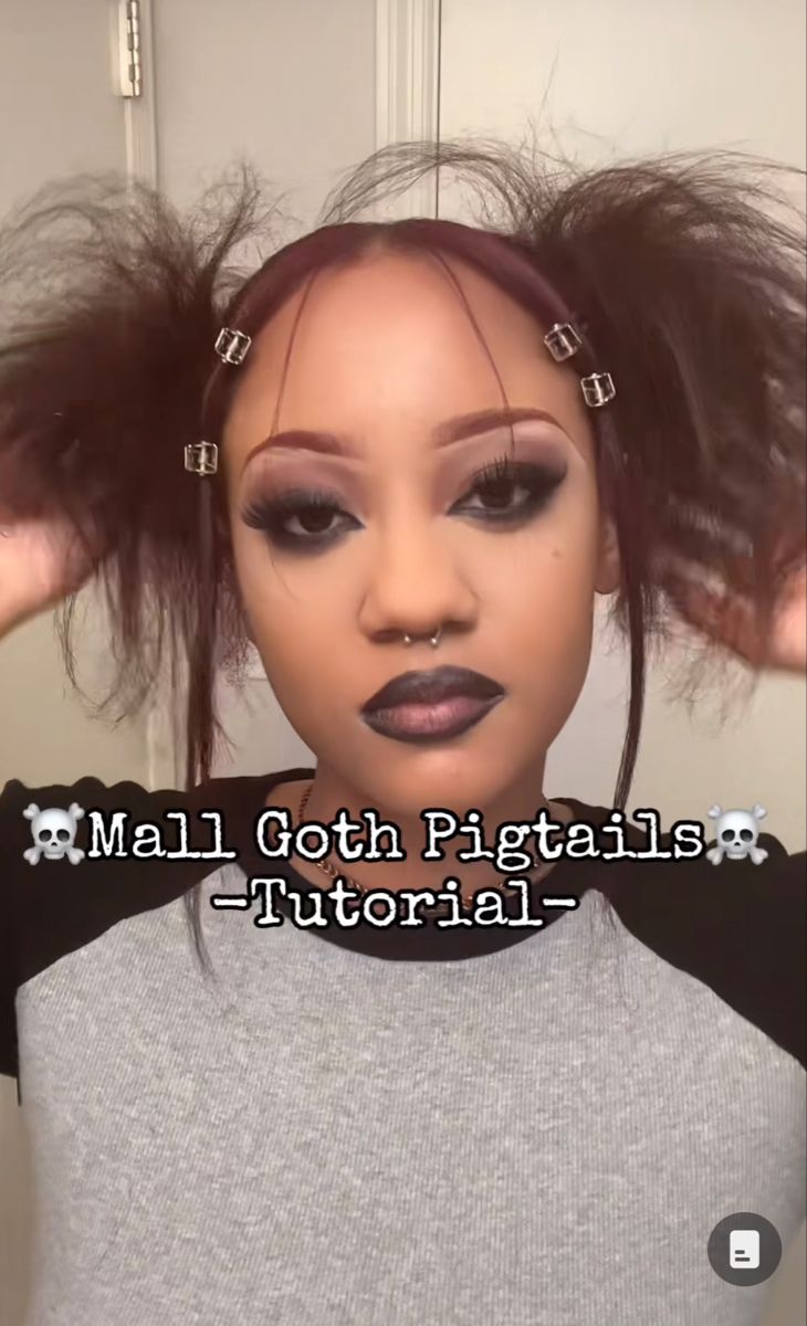 Goth Ponytail, Bat Nest Hair, Vamp Hairstyle, Goth Pigtails, Mall Goth Hairstyles, Punk Pigtails, Y2k Wavy Hair, Goth Hair Ideas, Shifting Hairstyles