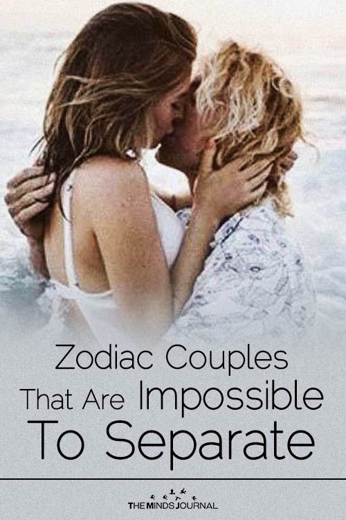 two women kissing in the water with text that reads zodiac couples that are impossible to separate