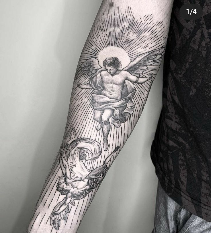 a man's arm with an angel and fish tattoo on it