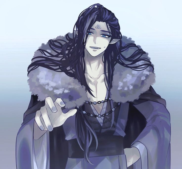 an anime character with long black hair wearing a fur coat and holding a cell phone