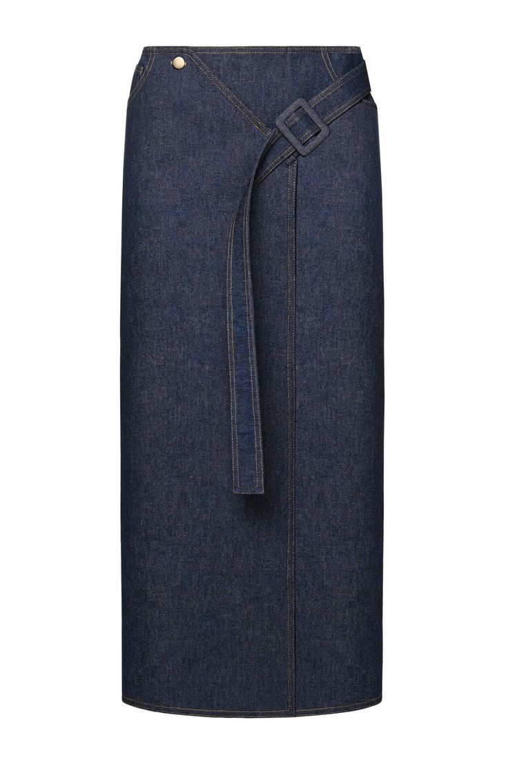 High waist denim midi skirt. Slitted. Diagonal belt fastening at front. Color: classic denim. Shell: 100% Cotton Made in Georgia Model is wearing size S. Model measurements: 176 cm height, 82/59/89 cm. Luxury Spring Skirt With Side Pockets, Luxury Asymmetrical Hem Workwear Skirt, Luxury Spring Skirt With Concealed Front Fastening, Luxury Long Inseam Lined Skirt, Luxury Women's Skirt With Multiple Pockets, Chic Belted Denim Bottoms, Chic Denim Bottoms With Belt, Cotton Denim Skirt With Belt Loops For Work, Chic Belted Denim Blue Bottoms