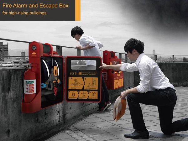 two people standing next to fire alarm and escape box for high - rising buildings,