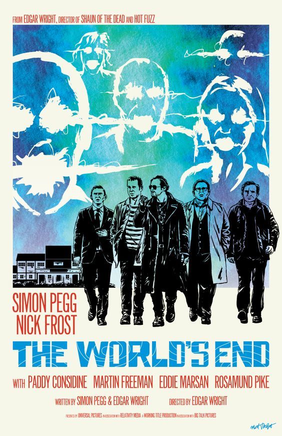 the world's end movie poster with four men standing in front of a blue sky