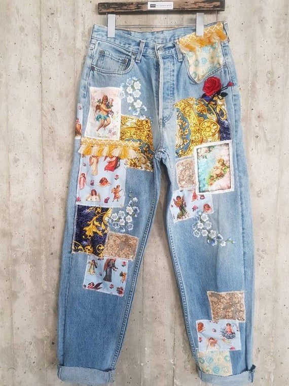 Jean Diy, Diy Jeans, Diy Vetement, Thrift Flip, Jean Vintage, Painted Jeans, Painted Denim, Painted Clothes, Jeans Diy