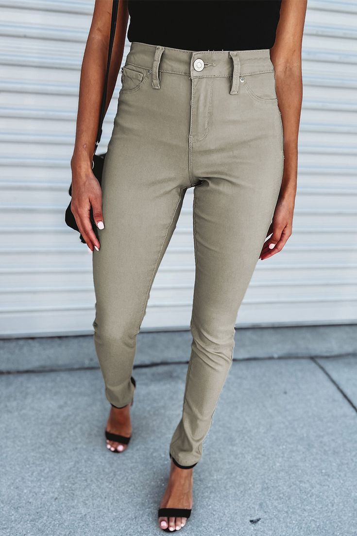 Khaki Casual Stretch High Waist Skinny Pants High Waist Solid Khaki Pants, High Waist Solid Color Khaki Pants, High Waist Khaki Bottoms Solid Color, Khaki High Waist Bottoms With Solid Color, High Waist Khaki Bottoms With Solid Color, Trendy High Waist Khaki Bottoms, Trendy High Waist Khaki Pants, High-waisted Solid Khaki Pants, Trendy Khaki High-waisted Jeans