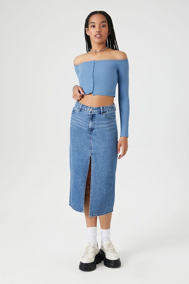 Denim Midi Slit Skirt | Forever 21 Graphic Tee Dress, Black Dress Formal, Denim Sweater, Denim Midi Skirt, Tee Dress, Outerwear Sweater, Matching Dresses, Cardigan Jacket, Dress Accessories