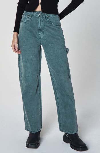 Carpenter pockets and a hammer loop lend bold workwear edge to these cargo-style jeans boasting a unique hue and relaxed, high-waisted silhouette. 29" inseam; 18" leg opening; 12 1/2" front rise; 15 1/2" back rise Zip fly with button closure Five-pocket style; hammer loop; back utility patch pockets 100% cotton Machine wash, line dry Imported High-rise Cargo Pants For Workwear, Utility High-rise Cargo Jeans For Streetwear, High-rise Utility Cargo Jeans For Streetwear, Utility High Rise Cargo Jeans For Streetwear, High Rise Utility Cargo Jeans For Streetwear, Utility Cargo Pants With Five Pockets, Dark Wash Cargo Pants With Pockets For Fall, Green Denim Cargo Jeans For Fall, Fall Dark Wash Cargo Pants With Pockets