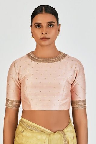 Salmon pink raw silk blouse with marodi embroidery. - Aza Fashions Transitional Reception Tops With Resham Embroidery, Bollywood Style Cotton Silk Blouse For Reception, Bollywood Cotton Silk Blouse For Reception, Anarkali Top With Resham Embroidery For Reception, Embroidered Tops With Traditional Drape For Reception, Embroidered Top With Traditional Drape For Reception, Raw Silk Tops With Traditional Drape, Cotton Silk Blouse With Zari Work For Reception, Semi-stitched Tops With Resham Embroidery For Reception