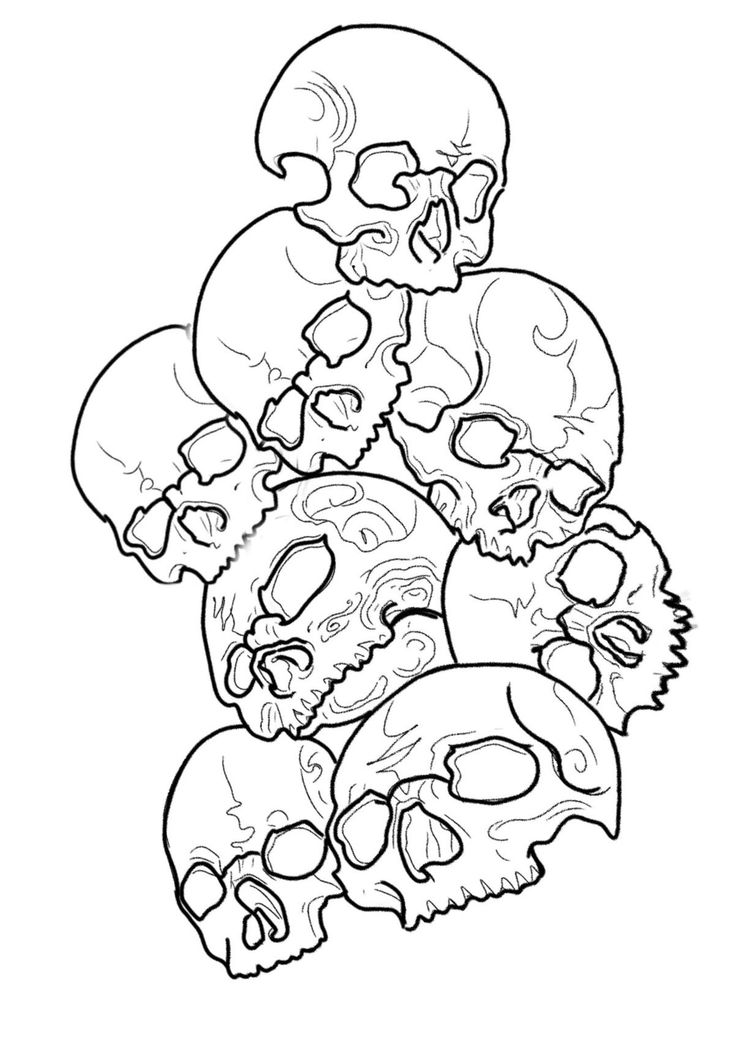 a bunch of skulls that are in the middle of a line art style drawing with black and white ink