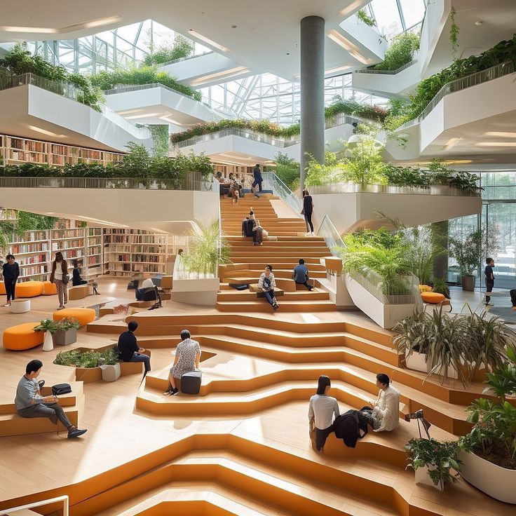 people are sitting on the stairs in an open area with plants and bookshelves