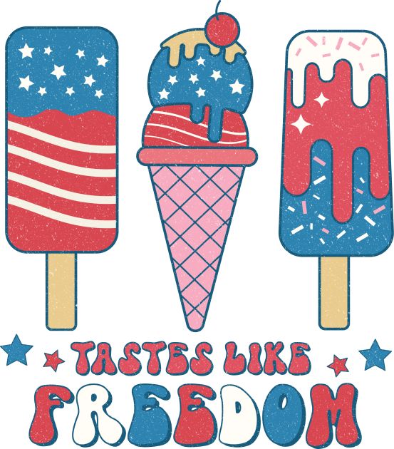 three ice creams with the words taste like bacon on them in red, white and blue