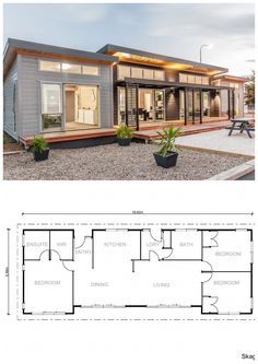 the floor plan for this modern home is shown in two separate sections, with one bedroom and