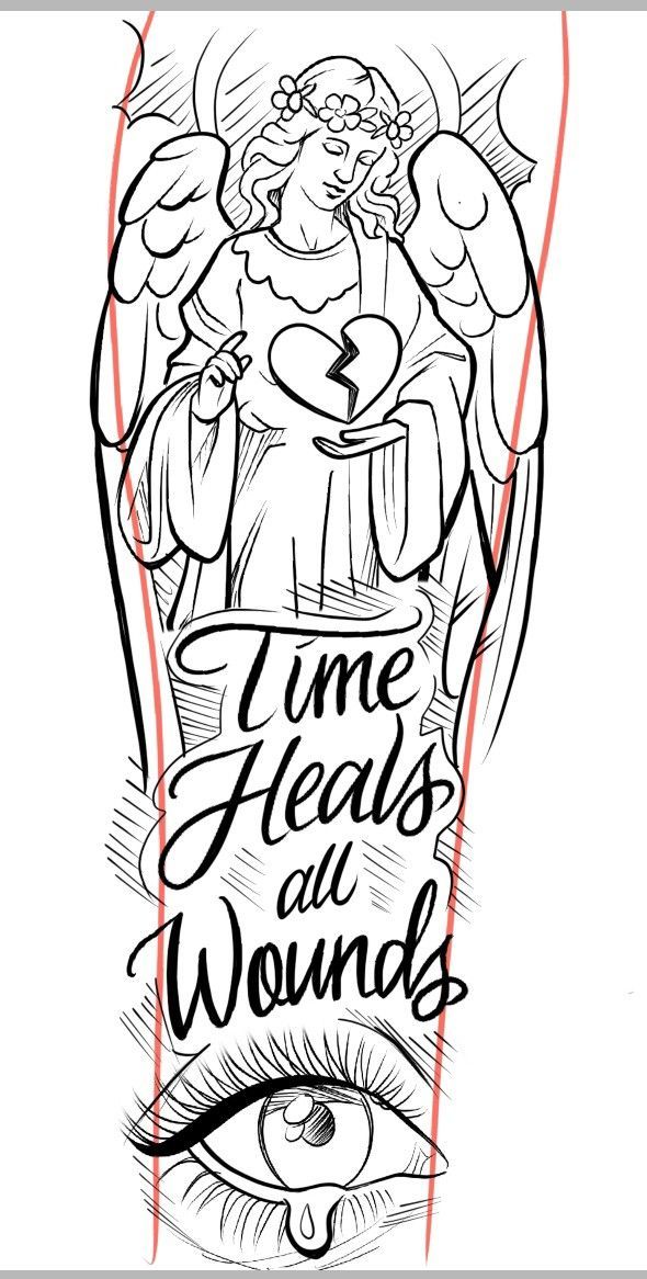 a drawing of an angel with the words time heals all wound in front of it