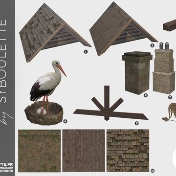 various types of roofing materials are shown in this image, including a stork