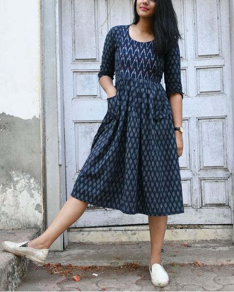 Blue and white ikat dress The Secret Label, Kalamkari Dresses, Casual Frocks, Frock Fashion, Ikat Dress, Frock For Women, Long Kurti Designs, Salwar Kamiz, Cotton Kurti Designs