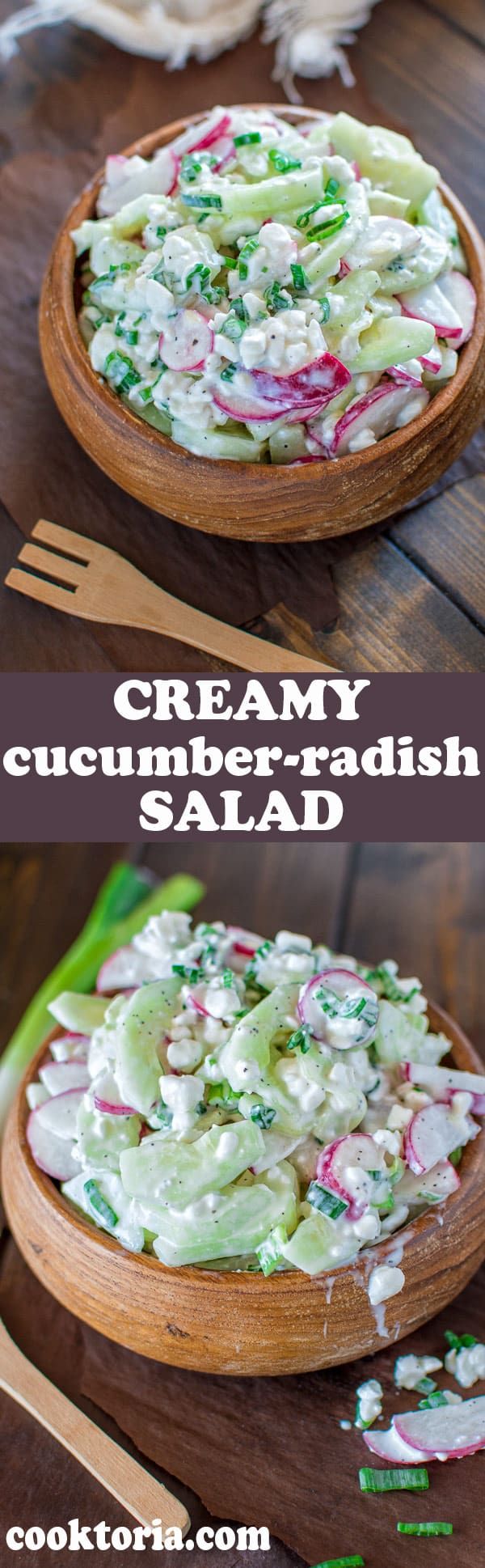 creamy cucumber - radish salad on a wooden platter