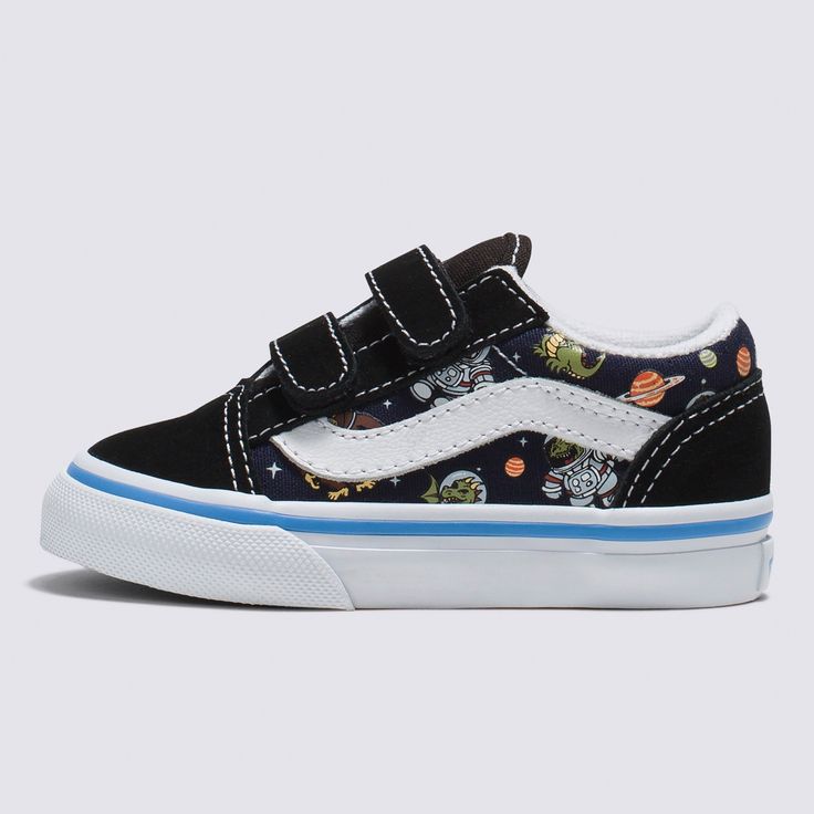 Strap Closures Create a Toddler-Friendly Fit on this Iconic Sidestripe Shoe The Toddlers Old Skool V Cosmic Shoe reimagines our iconic Sidestripe shoe by swapping traditional laces for double hook-and-loop closures. Featuring a fun cosmic dragon print that glows in the dark, this low-top style maintains its classic appeal while providing an easy, secure fit that will keep your little one comfortable all day—and night. Iconic low-top, Sidestripe™ shoe made for toddlersDouble hook-and-loop closuresDurable canvas and suede uppers with glow-in-the-dark cosmic dragon printReinforced toe capsSupportive padded collarsSignature rubber waffle outsoles | Vans Toddler Old Skool V Cosmic Shoes (Black / Blue) - 4.0 Toddler Cosmic Dragon, Vans Toddler, Dragon Print, Side Stripe, Old Skool, Day And Night, Shoes Black, In The Dark, Glow In The Dark