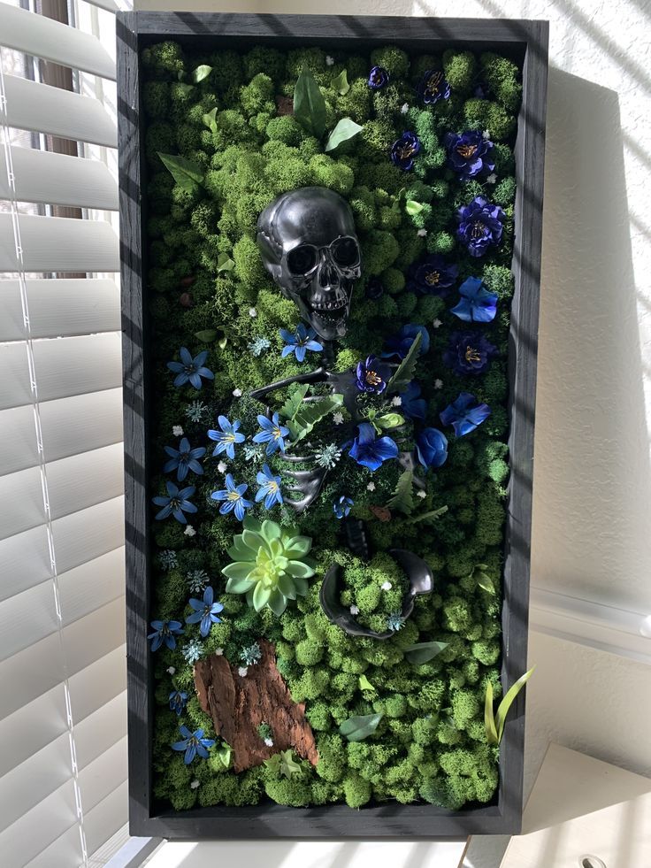 framed skeleton embedded in a floral moss scape Moss Skeleton Art, Moss Themed Bedroom, Moss Mirrors, Moss Room, Moss Mirror, Moon Room, Oddities Decor, Floral Skeleton, Goth Witch