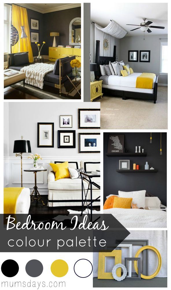 yellow and gray bedroom decor with pictures on the wall, bed room ideas, and black and white furniture