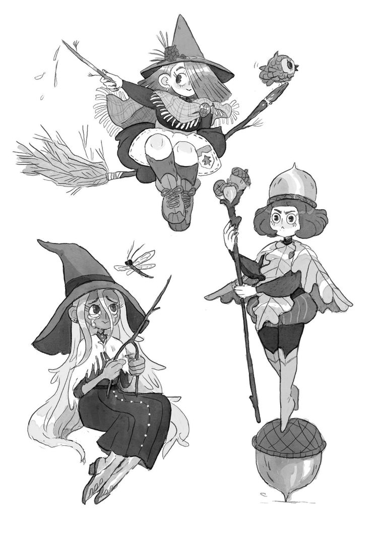 three cartoon characters dressed as witches flying through the air