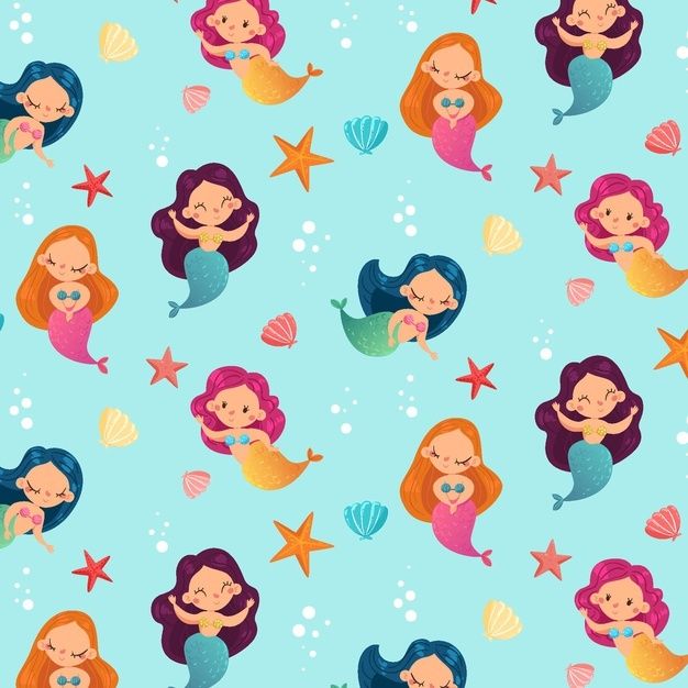 seamless pattern with mermaids and starfish on a blue background for children's wallpaper